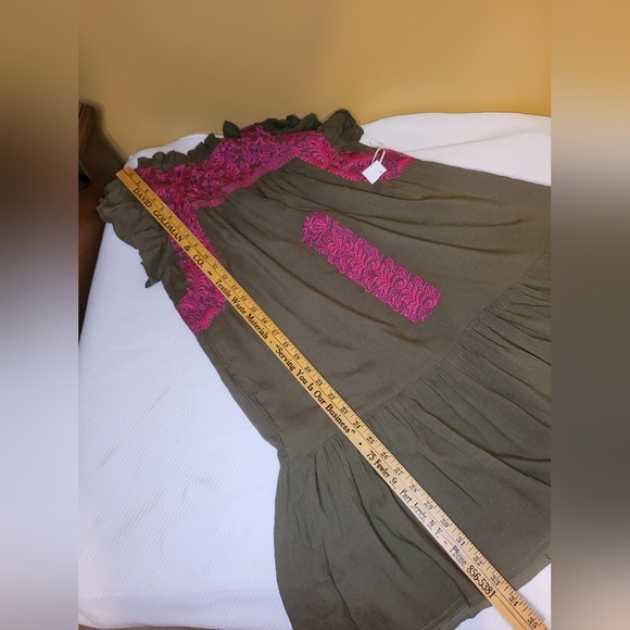 NWOT j.marie Linen Blend Isla Mae Olive Green Embroidered Tiered Boho Mini Dress - Picture 6 of 13